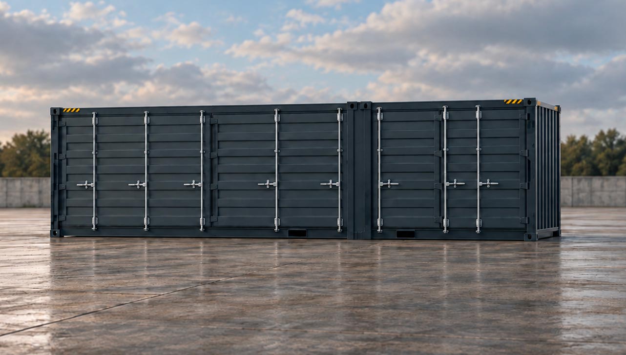 Dark gray split-side container with its side doors closed